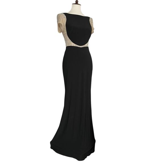Xscape Black Short Sleeve Beaded Illusion Mesh & Jersey Gown Size‎ 2 Cocktail - Picture 2 of 10